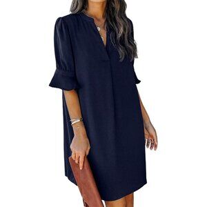 Womens Navy 100% Polyester V-Neck Loose Fit Short Sleeve Knee Length Shift Dress